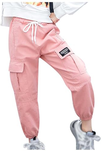 Kids Cargo Pants Girls Age 2-12 Years Vintage Cargo Trousers for Girls Loose Fit Elastic Waist Tighter Pockets Comfy Stretchy Winter Spring Casual Athletic Streetwear (8-9 Years) Pink