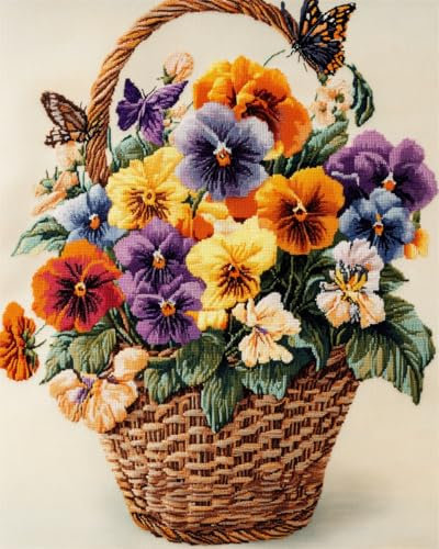 AYAOYANGGO 11CT Kreuzstich Set Stickset Mit Bunten Stiefmütterchenblumen，Blumen Im Korb，Kreuzstich-Set Für Erwachsene Mit Nadeln，Schereneinfädler，Vordruck Für Die Wanddekoration Zu Hause 40x50cm