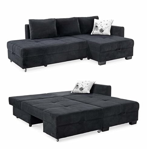 Ecksofa B247/T155/H87 cm mit Schwenkfunktion zum Doppelbett, Liegefläche 183x207 cm, platzsparend, Bettkasten, Ottomane links oder rechts montierbar, Bezug Cord in Schwarz / 15216