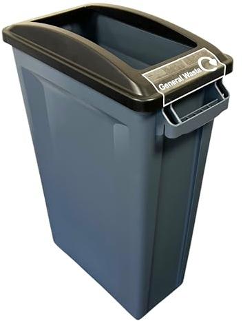 Chabrias Ltd 60L Slim Recycling Bin with Open Black Lid & General Waste Logo - Commercial Narrow Waste Container for Office, School, Kitchen & Workplace - Vented Liner System, Heavy Duty Plastic