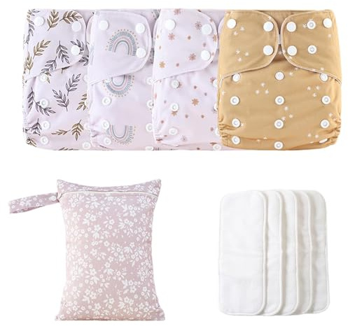 Pannolini lavabili per bambini, pannolini di stoffa per bambini | Pannolini di stoffa per bambini riutilizzabili regolabili,Fodera assorbenti e traspiranti, 4 inserti e 1 sacca bagnata,