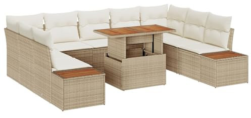 vidaXL 10-teiliges Außen-Garten-Esszelt mit Kissen Beige Rattan Akazien-Tisch Sitzplätze für 5 Modulares Lounge-Sofa für Terrasse, Balkon und Möbel 4-Sitzer Couch Rechteckig