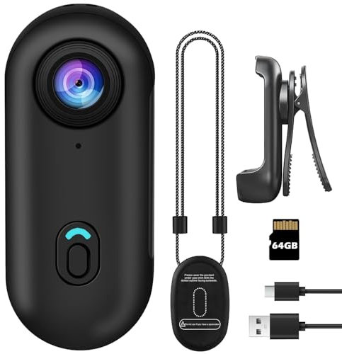 Bayehngs Mini caméra d'action pouce, petite portable, vlogging POV mains libres pour casque vélo, moto (ensemble simple 64 Go)