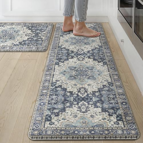 sarben 2 Piece Kitchen Mat Anti Fatigue Standing Mat 43x150cm+43x76cm – Non Slip Rug Kitchen Floor Mat Navy Blue Boho Runner Rug Soft PVC Leather Cushioned Mat Waterproof, Oil-Resistant for Office