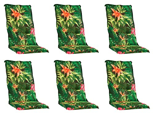 Gartenstuhlauflagen Hochlehner 6er Set - 120 x 50 cm - Grün - Dschungelmotiv - Baumwolle - Polyester - Sesselauflage Sitzpolster Stuhlauflage
