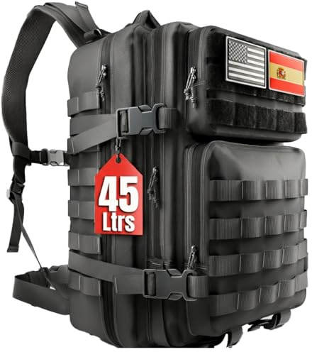 SPARTANFY | Mochila Crossfit Hombre 45L | Mochila Táctica Militar Impermeable para Gimnasio, Senderismo, Viaje, Montañismo | Mochila Grande Resistente con Sistema MOLLE (45L NEGRO)