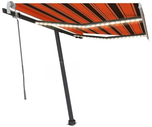 Tenda da Sole Avvolgibile Manuale con LED, Arancione e Marrone 300x250cm, Tessuto Poliestere UV e Struttura Alluminio, Tendone da Esterno per Terrazzo Giardino Balcone