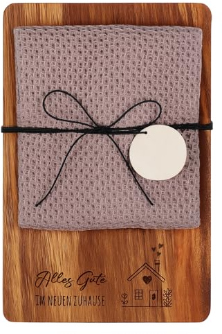 Xuniea Einweihungsgeschenk, Alles Gute im Neuen Zuhause | 23 x 15 cm Holz Frühstücksbrett, Baumwolle Küchentuch, Neues Zuhause Geschenk zum Einzug, Wohnung Geschenk, Richtfestgeschenk
