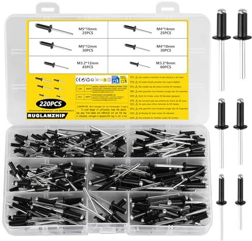 220 Pcs Black Pop Rivets Assortment Kit, Large Flange Rivets, Aluminum Blind Rivetss, 3.2mm 4mm 5mm Pop Blind Rivetss, for Metal, Furniture, Car, Rails and DIY