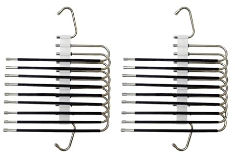 Relaxdays Mehrfach Hosenbügel, 2er Set, Hosenhalter 9-Fach, rutschfest, platzsparende Multibügel, Metall, Silber/schwarz