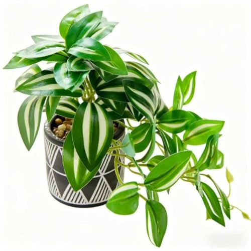 EZBOHO 7 Artificial Variegated Pothos Vine in Geometric Ceramic Pot Lifelike Faux Trailing Plant for Indoor Home Office Desk Shelf Bathroom Decor