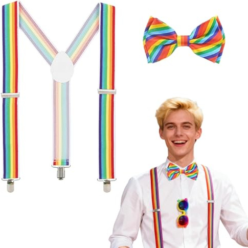 GWAWG Bretelles Arc-en-Ciel avec Nœud Papillon pour Homme et Femme – Accessoires de Clown pour Carnaval, Halloween, Fête à Thème, Cirque, Fasching ou Déguisement