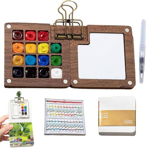 Tobios Aquarell-Set, Mini-Aquarellfarben-Sets, Tobios Malset, Holzgitter-Farbkasten Mit Binderclip, Taschen-Künstler-Reiseset for Anfänger, Malerstudenten Mit 12/24 Farbfarben(Wood,15 grid)