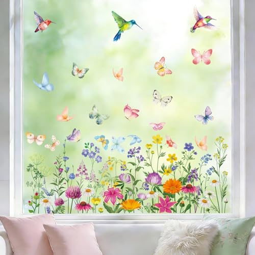 AhfuLife 9 Blätter Fensterbilder Frühling Deko, 49 Stück Vögel und Blumen Schmetterling Aufkleber Fenster Fensterbilder Selbstklebend für Kinderzimmer Frühling Ostern Party Deko