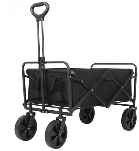 Folding Trolley Utility Wagon Cart with All-Terrain Wheels, 100L Storage Capacity, Heavy-Duty Steel Frame,Garden Wagon Cart 150kg Load Capacity (Black)
