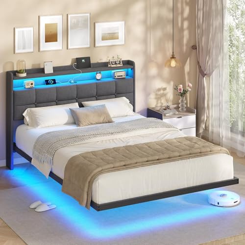 AOGLLATI Cama Matrimonio 140x190 cm con Efecto Visual Levitante, Estructura Cama con LED y Estación de Carga, Somier con Cabecero Acolchado y Estructura de Metal, Gris Oscuro (Sin Colchón)