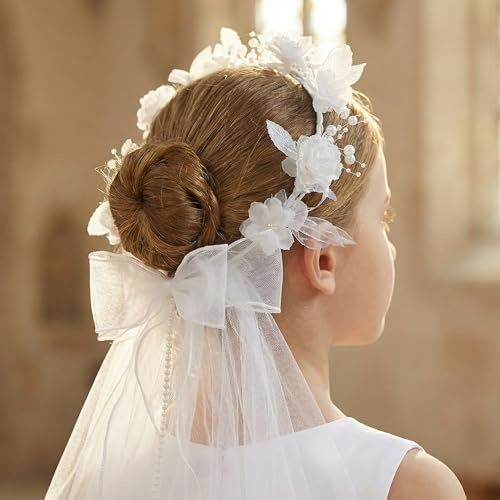Zidoley Haarschmuck Kommunion Mädchen Kopfschmuck Hochzeit Weiß Blume Braut Haarschmuck Perlen Haarkranz Deko (Einteiler)