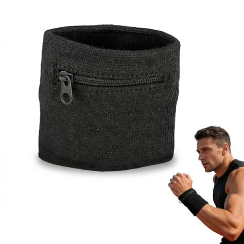 Handgelenktasche für Schlüssel & Münzen Schweißband mit Reißverschluss Sportarmband aus Baumwolle Atmungsaktiv Schwarz Sicherer Halt Handgelenkbeutel für Laufen Fitness Reise 1 Stück
