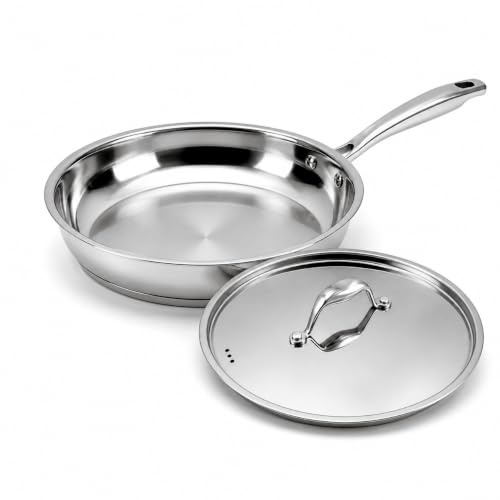 Nontoxicook 28cm 3.39L Stainless Steel Frying Pan with Steel Lid | Professional Uncoated Mirror-Polished Skillet with 7mm Thick Base, Suitable for All Hobs Including Induction
