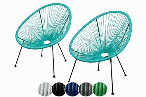 sunnypillow 2er Set Acapulco Gartenstühle - gemütlicher Loungesessel für Wohnzimmer, Terrasse, Garten, Balkon Sessel Stuhl - Korbsessel Gartensessel im Retro Design - Outdoor/Indoor - Türkis