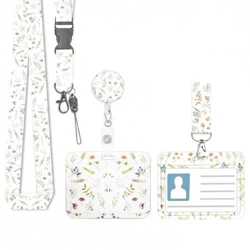Ausweishülle mit Band und Ausziehbarer Badge Reel, Blumen Kartenhalter Set mit Lanyard für Krankenschwester Zubehör, ID Kartenhülle für Dienstausweis, Schlüsselband für Büro, Lehrer, Studenten