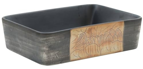 Lavabo da appoggio in ceramica, rettangolare, 46 x 35,5 x 13 cm, nero e marrone | Fatto a mano, motivo vintage, antigraffio, facile da pulire, design unico