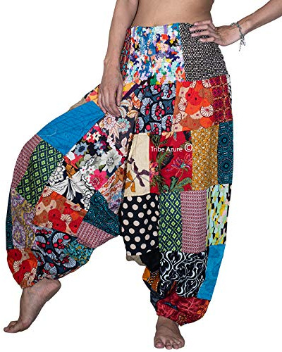 Tribe Azure 100% Cotton Harem Pants Colorful Summer Hippie Yoga Boho Casual Fashion Women (Medium)
