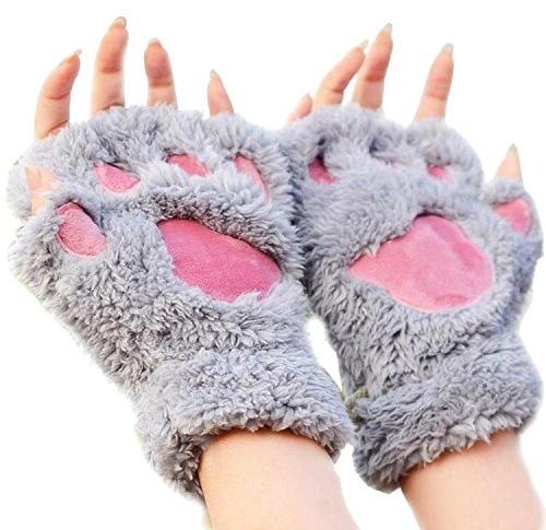 MAKFORT Guanti senza dita invernali gatto peluche guanto, grigio., Taglia unica