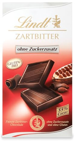 Lindt Schokolade | Zartbitter Tafel ohne Zuckerzusatz | 100g | feinste Zartbitter-Schokolade mit 55% Kakao ohne Zuckerzusatz und ohne Gluten | Glutenfreie Schokoladen-Tafel