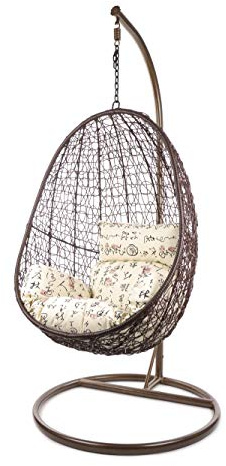 Kideo Komplettset: Hängesessel mit Gestell & Kissen, Korbsessel, Poly-Rattan (Gestell- und Korbfarbe: braun, Kissen: beige/Gemustert Nest (7050_travel))