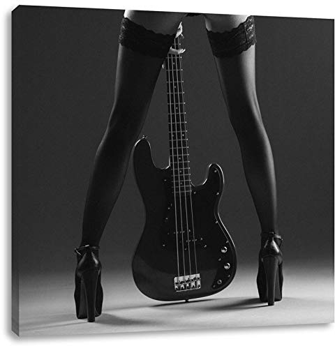 Pixxprint Frau in Spitzenstrümpfen mit Gitarre, Monochrome, Größe: 60x60 cm, Leinwandbild Quadratisch, Wandbild, Kunstdruck, fertig bespannt