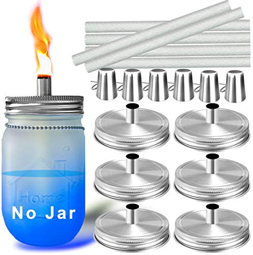 Mason Jar Tabletop Torches Kits,6 Pack Regular Mouth Lids with Protective Tube,Long Life Fiberglass Wicks and Caps,Outdoor Oil Lamp Lights for Patio Garden Camping Decor(Silver)