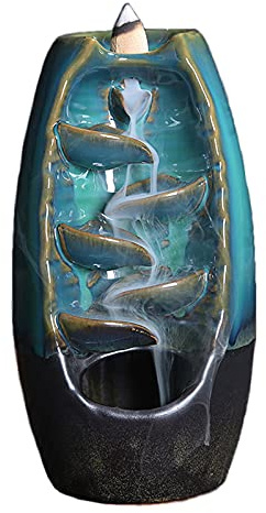 xunfu Bruleur Encens Cascade, Fontaine a Encens en CéRamique avec 60 Encens Cone et 1 Coussin, pour AromathéRapie et DéCoration IntéRieure, Bleu Grand