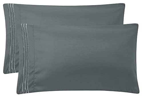 PiccoCasa Embroidered Brushed Pillowcases 2 Pack, Dark Grey 35cm x 50cm | Embroidered Microfiber Zipper Closure Bed Pillow Covers, Pillowcases for Bedroom Use