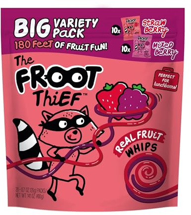 The FROOT Thief Real Fruit Snack Whips BIG Variety Pack, Nut Free, Individual Bags for Kids School Lunches, 10xStrawberry, 10xMixed Berry