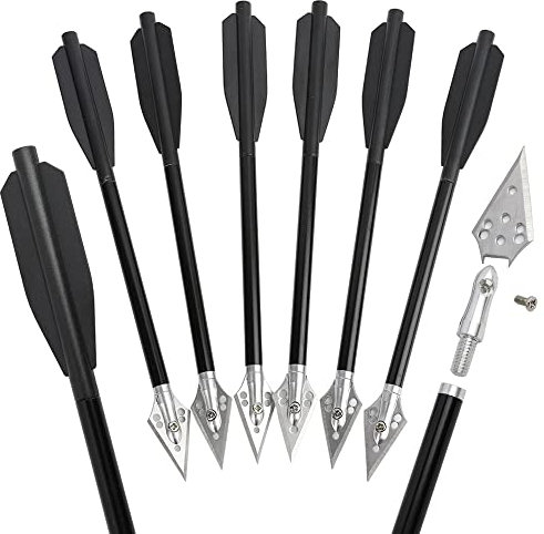 HNZMDY 6,7 Pernos de Ballesta Flechas de Ballesta de Aluminio con Puntas de Cabeza Ancha Extraíbles para Practicar Tiro con Ballesta y Caza Pequeña 6/12 Piezas (12pcs, Negro)