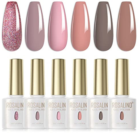 ROSALIND UV Nagellack Set, 6 Farben Rosa Grau Braun Khaki Haferflocken Glitzer Pink Gel Nagellack für UV/LED Lampe,Soak Off Nail Polish 6ml