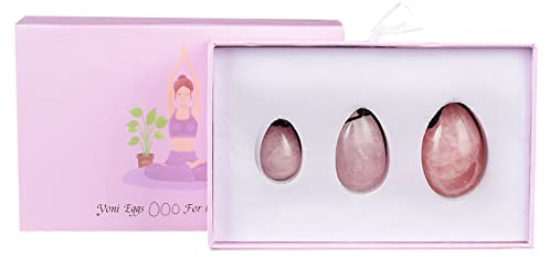 AOWNE Lot d'œufs de yoni en quartz rose naturel percé pour femme avec boules de cristal pour exercices de Kegel, pierre de massage, quartz rose