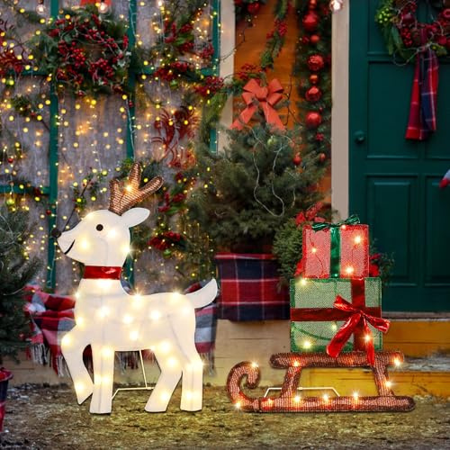 Joliyoou Weihnachtsdekoration, beleuchtetes Rentier und Geschenkschlitten, stehendes Ornament mit 50 warmweißen Lichtern für Weihnachten, Haustür, Innen- und Außendekoration (Rentier und Schlitten)