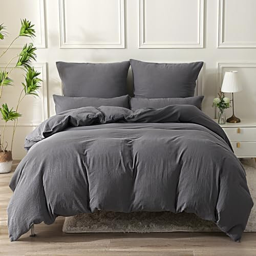 SOULFUL Doppelte Muslin Bettwäsche 135x200 4 Teilig Baumwolle, Bettwäsche-Sets 2er Set Bettbezug mit 2 Kissenbezüge 80x80 cm, ÖKO-TEX Bettwäsche Grau mit Reißverschluss