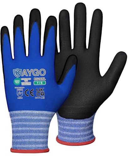 KAYGO 3 paires de gants de travail, enduits de nitrile antidérapants et résistants à l'abrasion en nylon tricoté sans couture pour atelier de montage de voiture (Bleu, S, taille 7)