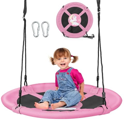 Costzon 40” Saucer Tree Swing for Kids, Flying Saucer Swing with 2 Carabiners, Adjustable Ropes, Waterproof 900D Oxford Cloth, Round Swing for Outdoor Playground, Backyard (Pink Unicorn)