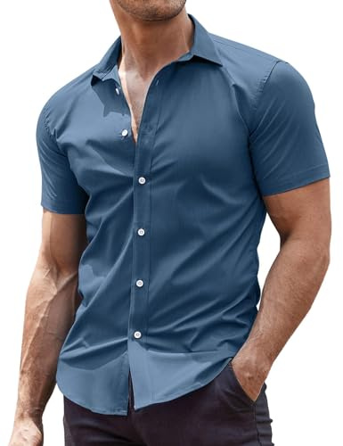 COOFANDY Herrskjorta, kortärmad sommarskjorta, herrskjorta, kortärmad affärsskjorta, fritidsskjorta, kortärmad tröja, stretch, skjorta, män, XS-4XL, gråblå, 3XL
