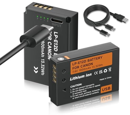Mspalocell Pack of 2 LP-E12 USB 1800 mAh batteries with USB Type-C charging, compatible with Canon M100D Kiss x7 Rebel SL1 EOS M10 EOS M50 DSLR replacement battery