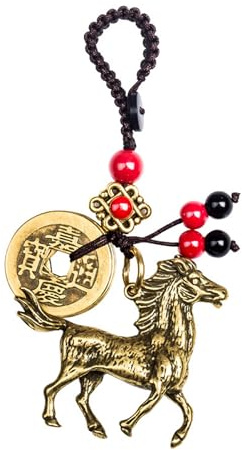 Mansiyuyee Porte-clés statue de cheval chinois en laiton avec 5 pièces Feng Shui, breloque animal du zodiaque porte-bonheur