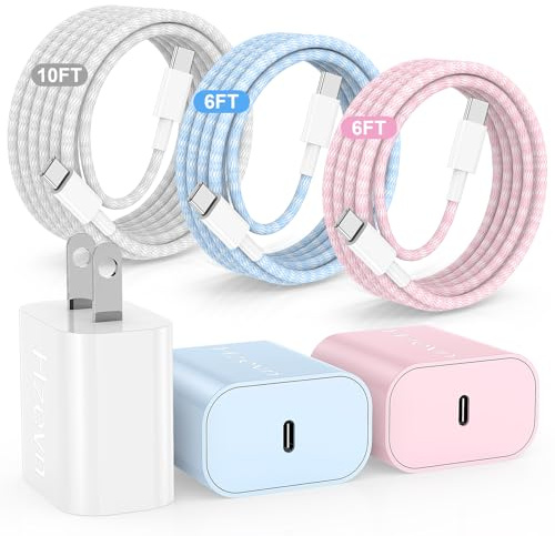 Hzevn 20W USB C Fast Charging for iPhone 17 Air/16/15 Pro Max,3Pack Colorful Mixed Charger Block with Braided Long USB C to C Cables (6/6/10ft) Compatible with iPhone16/15 Pro/15 Plus/iPad Pro