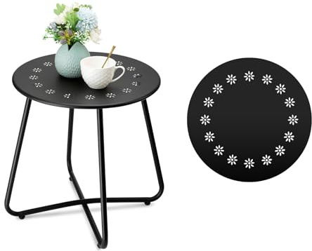 danpinera beistelltisch Outdoor, balkontisch klein, Gartentisch mit Blumenausschnitten, Kleiner beistelltisch Outdoor für Terrasse, Hof, Balkon, Garten, wetterfestes Material, Schwarz