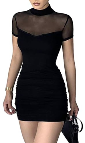 EMOTTOS Sexy Mini Vestido de Malla, Suave de Las Mujeres de Encaje Patchwork Club Bodycon Dress, Medio Cuello Alto Pullover Ruched Vestidos de Fiesta(Black-M)