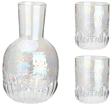 Glass Water jug,Bedside Water Carafe and Glass Set, 1300ML (45 Oz) Vintage Nightstand Glass Carafe with 2 Pcs Cup, Glass Juice Mouthwash Bottle (Color : Multicolor)