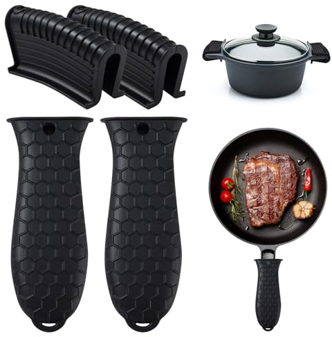 Soporte De Silicona para Mango Caliente,Silicona Cubierta De Mango De Sartén Soporte De Mango Auxiliar Non Slip Cubierta De Mango De Hierro para Olla Plancha Sartén Horno 4 Piezas Negro